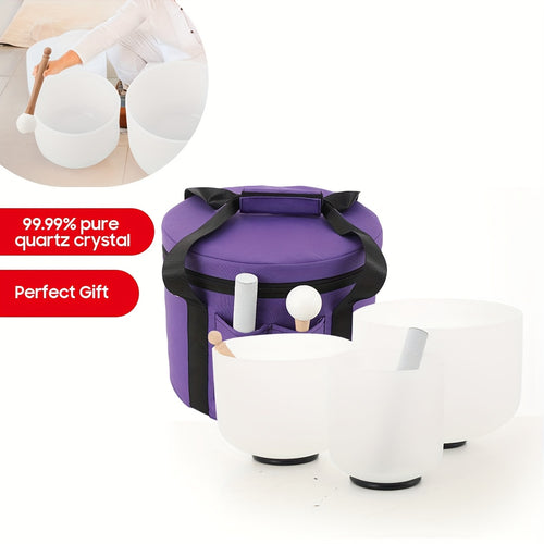 White 3pcs Frosted Quartz Crystal Singing Bowls 6/8/10 Inch with Travel Carry Case Bag for Sound Healing And Therapy Meditation