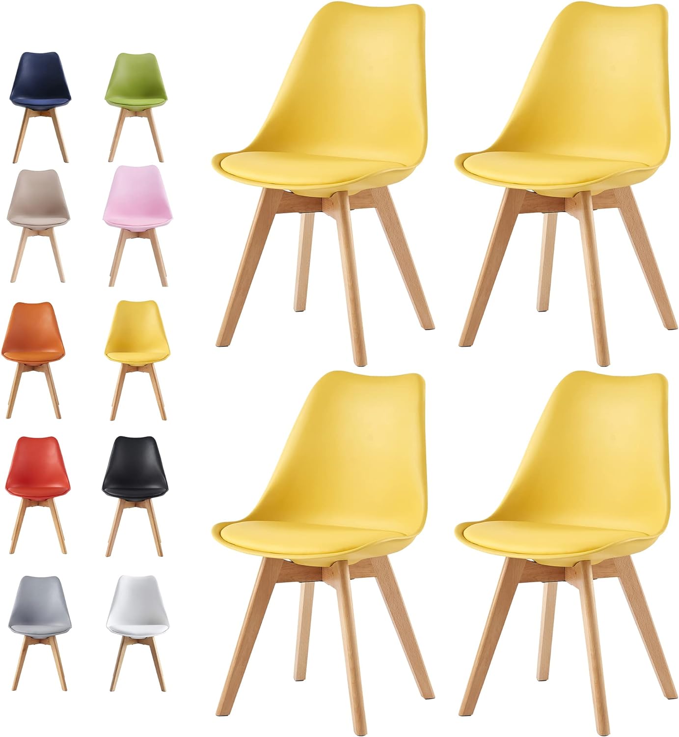 mcc direct Set of 4 Dining Chairs Wooden Legs Soft Cushion Pad Stylish DELUXE Retro Lounge Dining Office EVA