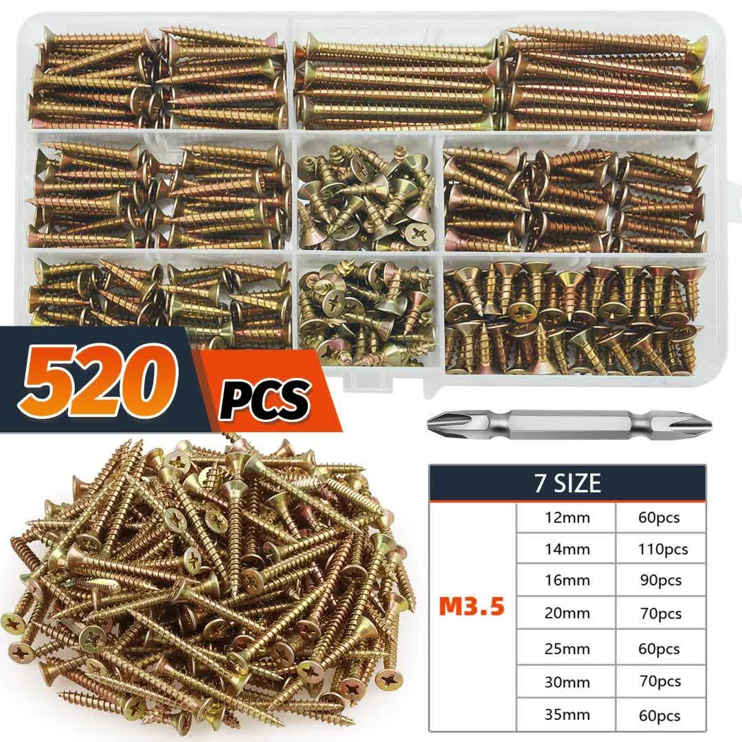 520pcs Countersunk Self-tapping Screw Set, M3.5/12/14/16/20/25/30/35mm Multi-size Specifications, Colorful Cross-head Design - Includes Screwdriver Bit, Multi-functional And Durable, Suitable for Industrial, Home, And Furniture Applications