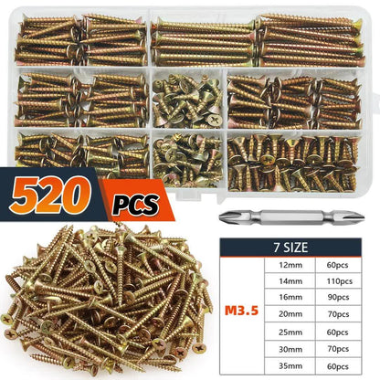 520pcs Countersunk Self-tapping Screw Set, M3.5/12/14/16/20/25/30/35mm Multi-size Specifications, Colorful Cross-head Design - Includes Screwdriver Bit, Multi-functional And Durable, Suitable for Industrial, Home, And Furniture Applications