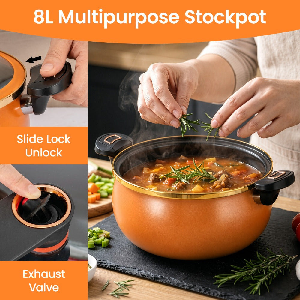 Large Capacity 8L Stew Pot with Lock Lid, Stock Pot for Braising, Soups, Stews, and Bread Baking, Induction Compatible, Oven & Stovetop Safe Kitchen Serving Essential
