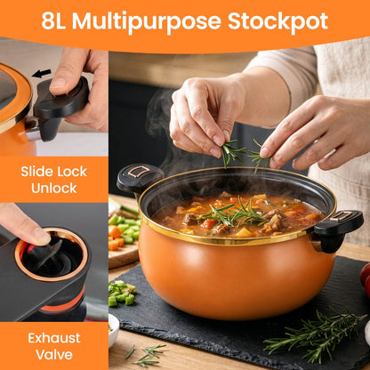 Large Capacity 8L Stew Pot with Lock Lid, Stock Pot for Braising, Soups, Stews, and Bread Baking, Induction Compatible, Oven & Stovetop Safe Kitchen Serving Essential