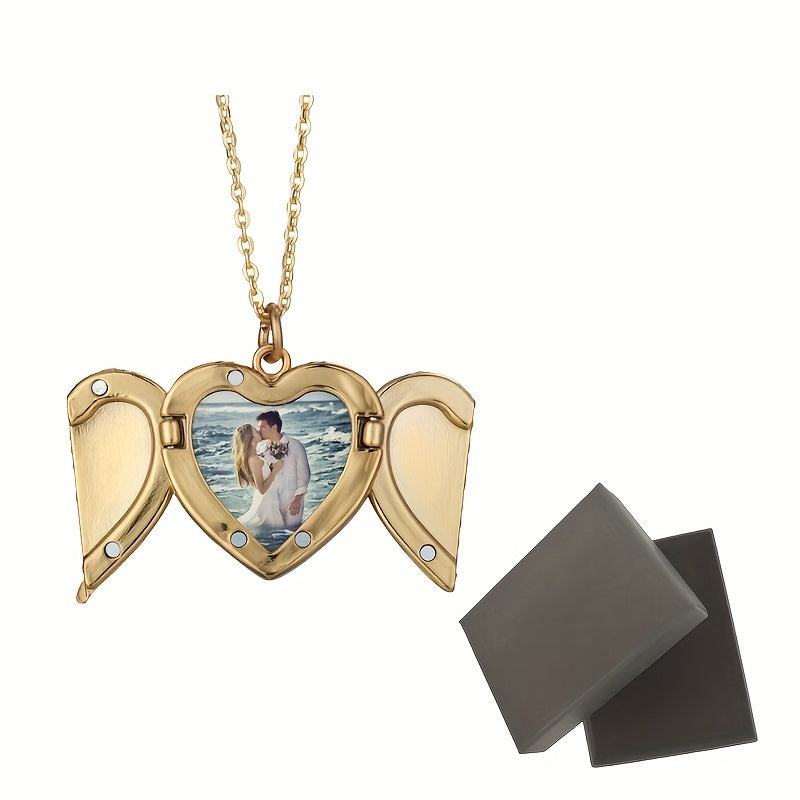 Personalized Angel Wings Necklace Heart Box Pendant Custom Picture Open Box Angel Wing Pendant
