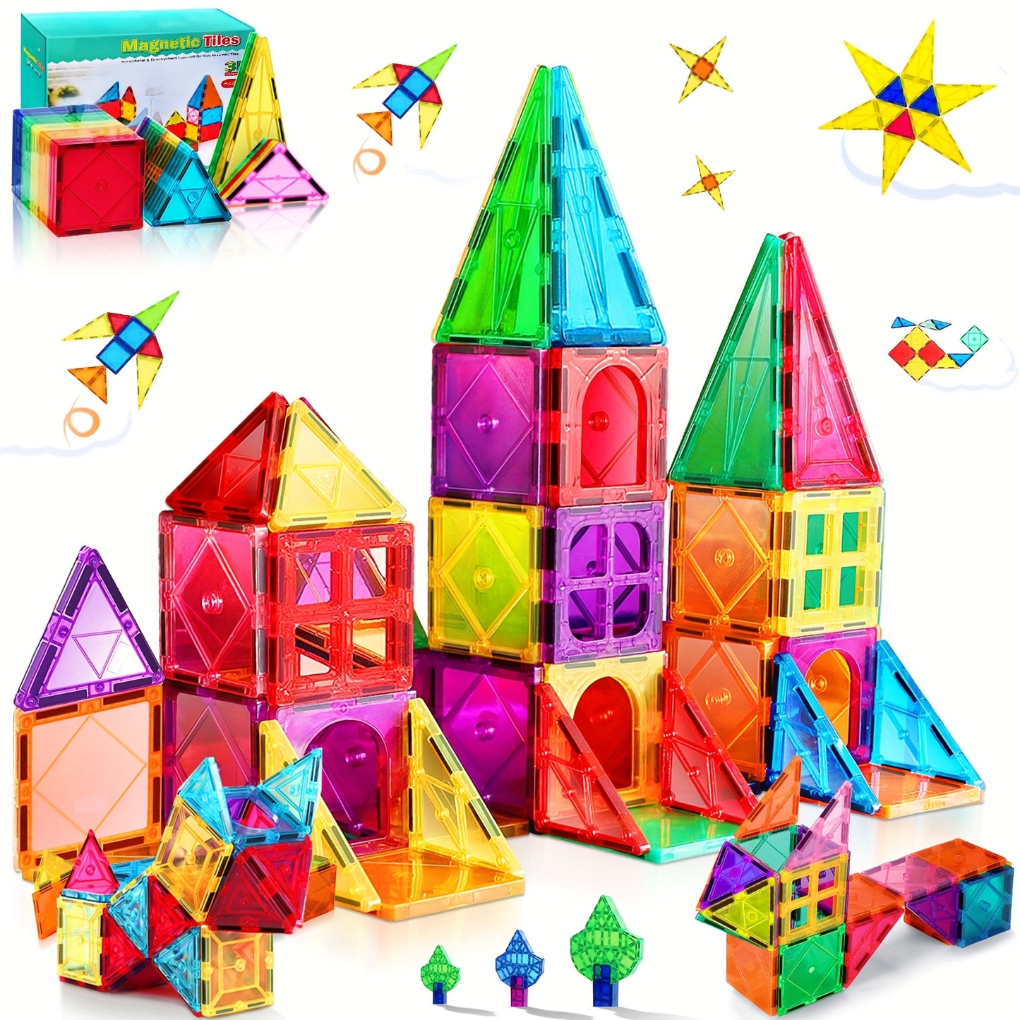 Magnetic Tiles Children's Toy, Magnetic Building Blocks Toy with Coloured Tiles Suitable for Boys and Girls Aged 3 4 5 6 7 Years Educational and Creative Birthday Gift