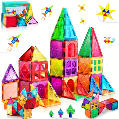 Magnetic Tiles Children's Toy, Magnetic Building Blocks Toy with Coloured Tiles Suitable for Boys and Girls Aged 3 4 5 6 7 Years Educational and Creative Birthday Gift