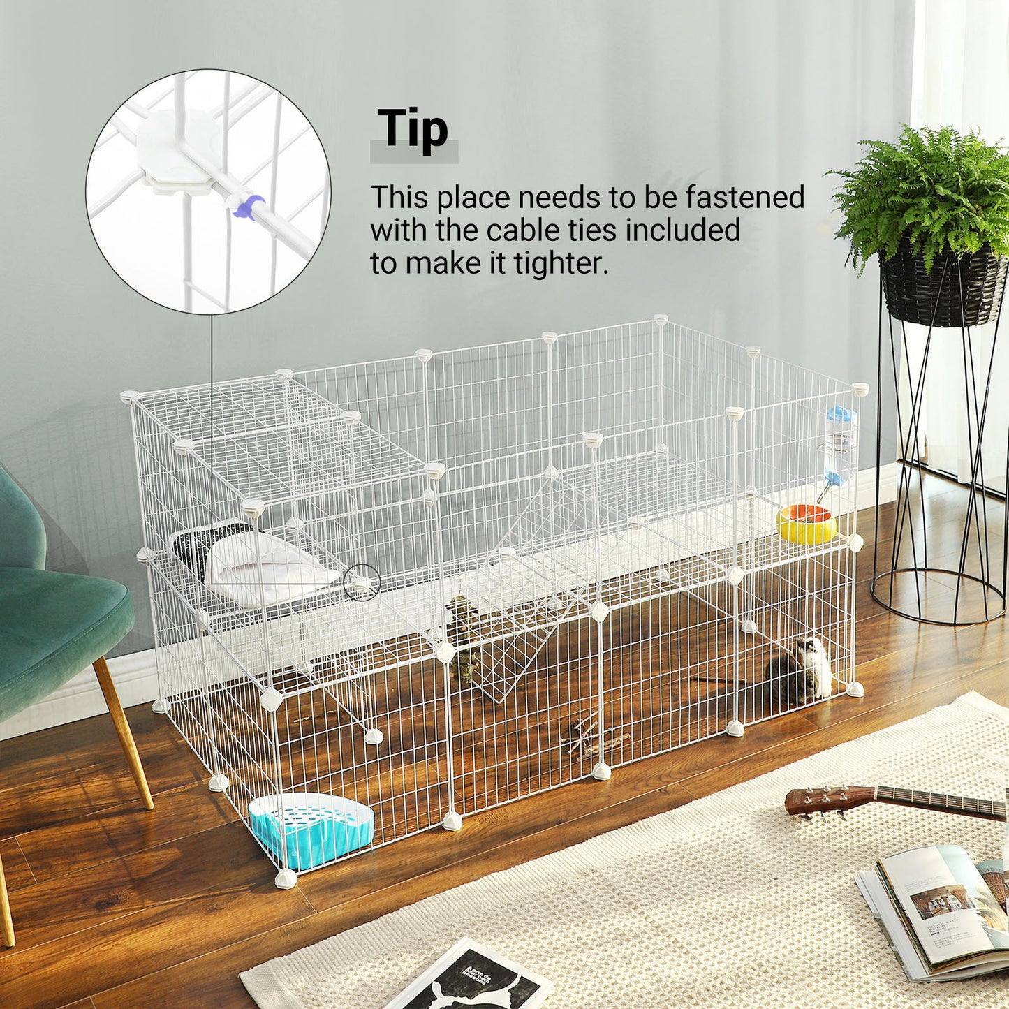 2-Floor Metal Pet Playpen, 36 Grid Panels, Customisable Cage Enclosure for Small Animals, Guinea Pigs Hamster Runs, Rabbit Hutches, Includes Mallet, Indoor, 143 x 73 x 71 cm, White/Black
