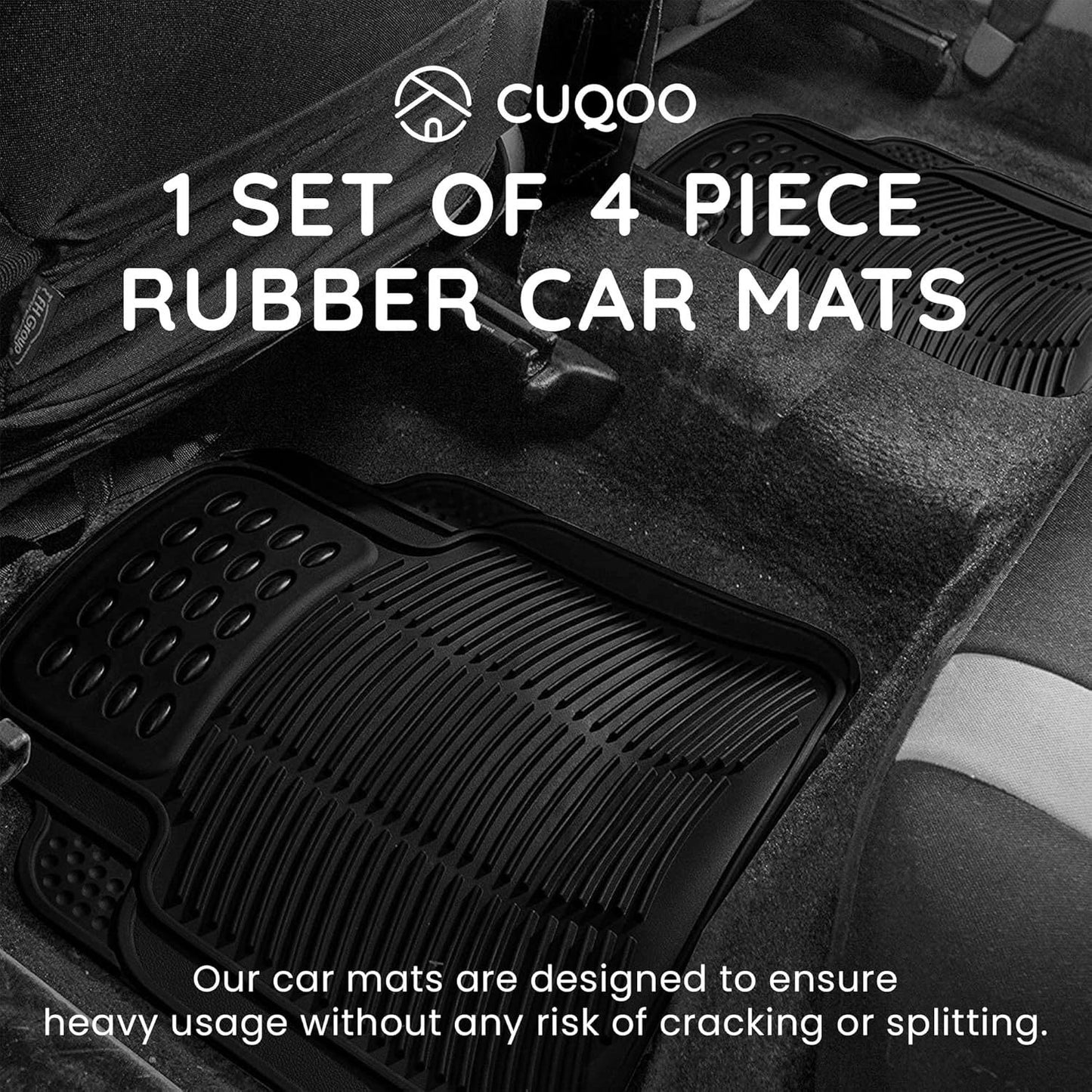 CUQOO 4pcs Universal Rubber Car Mats - Heavy Duty, Non-Slip All Weather Mats for Cars, SUVs, Trucks & Vans, Waterproof, Easy to Clean, with Deep Grooved Design for Extra Durability