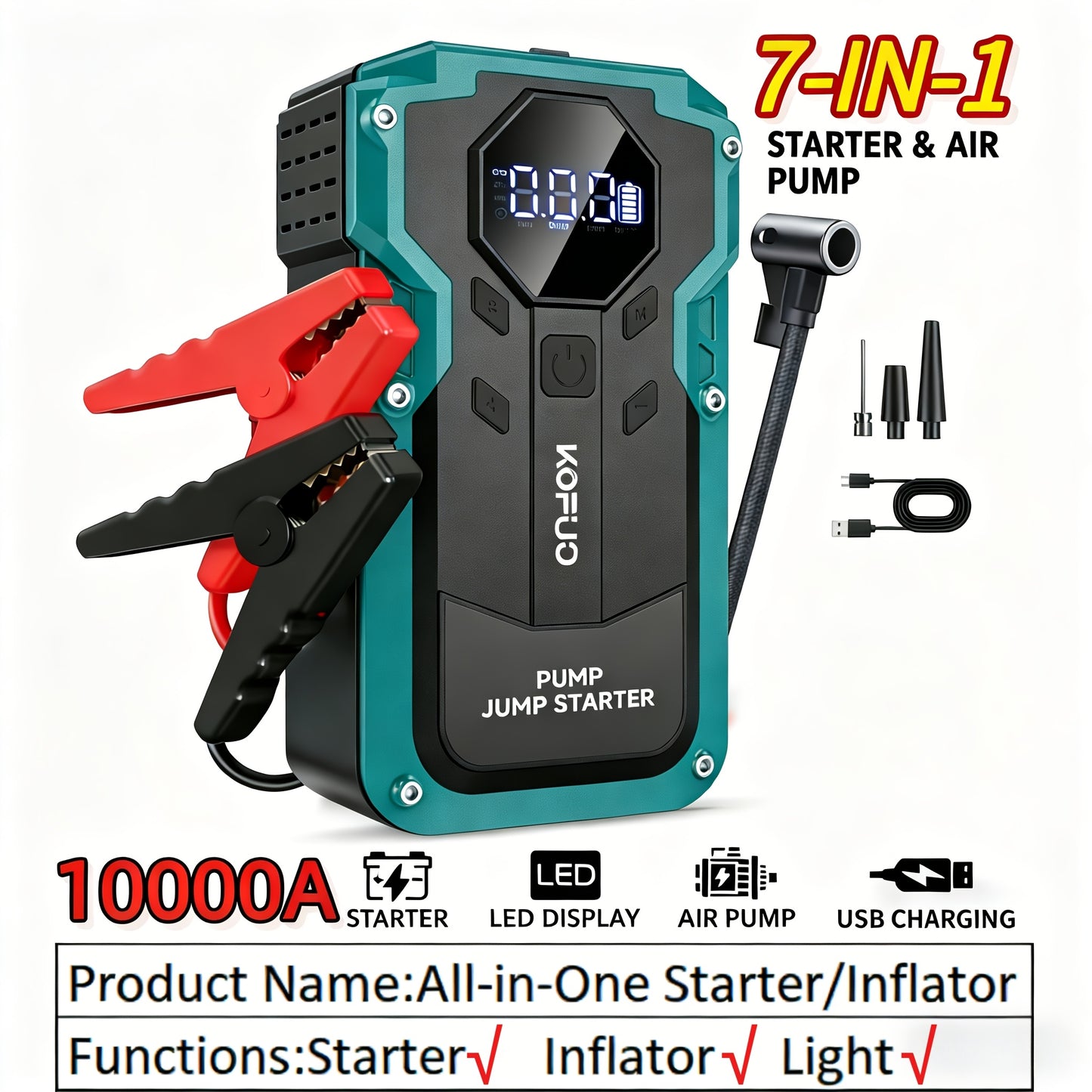 5000A/10000A Peak 12V Car Jump Starter Battery Booster Jump Box, 150PSI Air Compressor Tire Inflator, Up to 10L Gasoline/8L Diesel Engines, 7-In-1 Power Bank, LCD Display, LED Flashlight SOS Strobe, Emergency Kit for Cars SUV Motorcycles