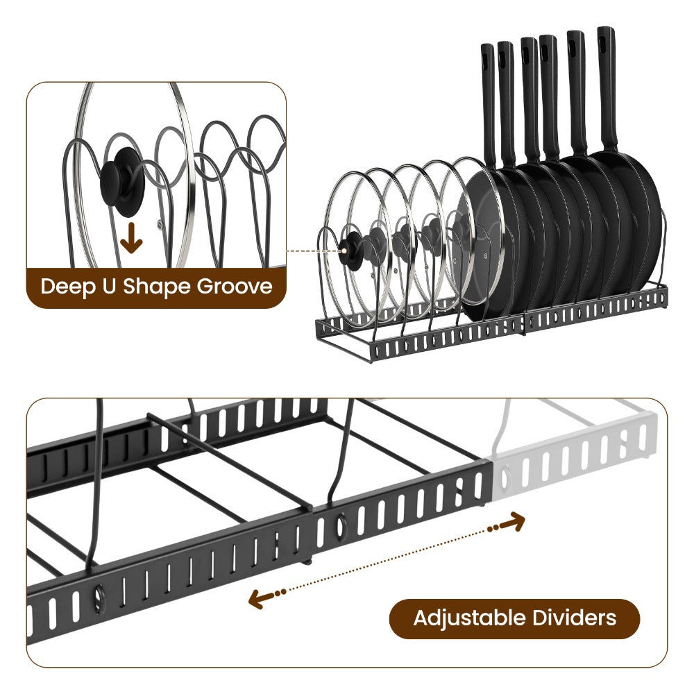1 Set Pot and Pan Organizer Rack with 10 Adjustable Dividers – Expandable Kitchen Cabinet Storage for Lids, Dishes, Cookware – Bakeware Rack for RV & Home
