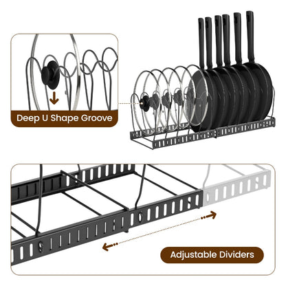 1 Set Pot and Pan Organizer Rack with 10 Adjustable Dividers – Expandable Kitchen Cabinet Storage for Lids, Dishes, Cookware – Bakeware Rack for RV & Home
