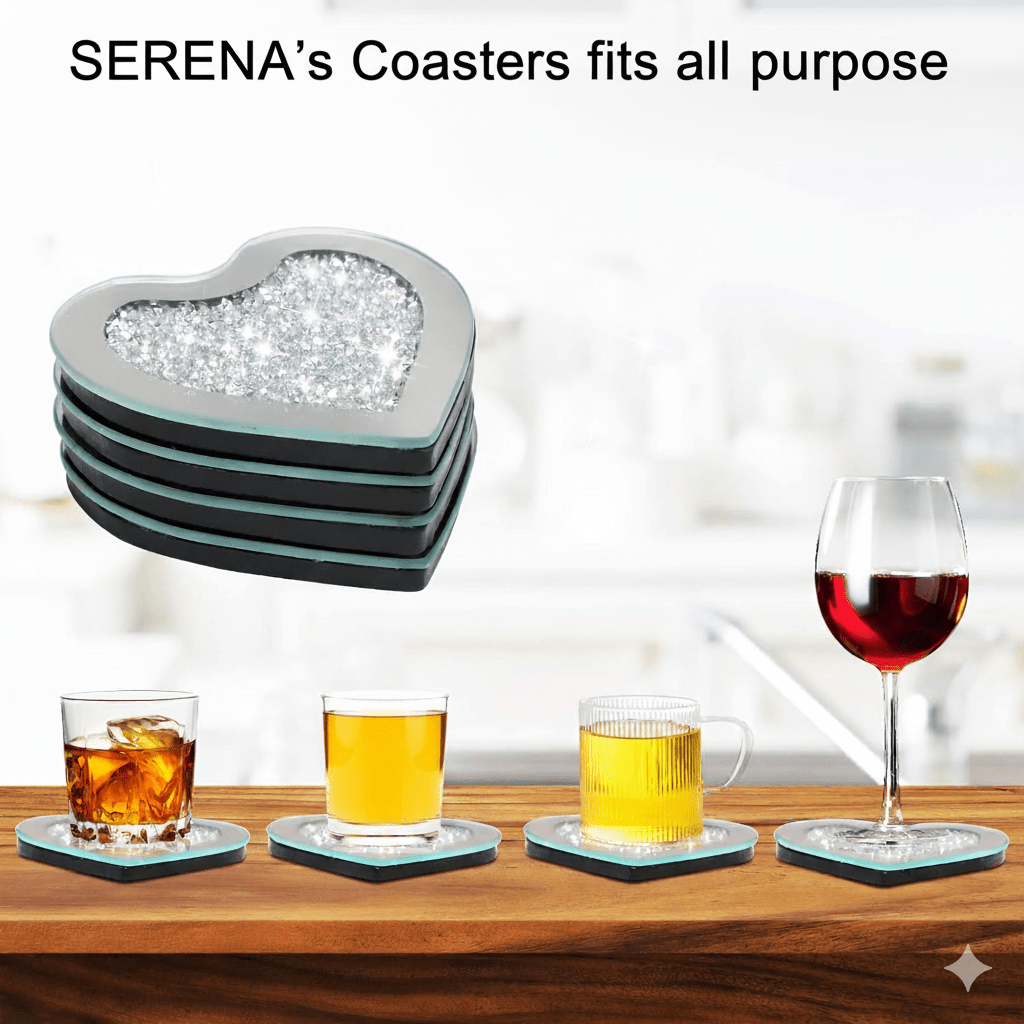 Serena's® Set of 4 Crystal Coasters – 10cm Glass Mirrored Drink Coasters with Glitter Crushed Diamond Design – Elegant Coasters for Home, Kitchen, Bar, or Table Decoration