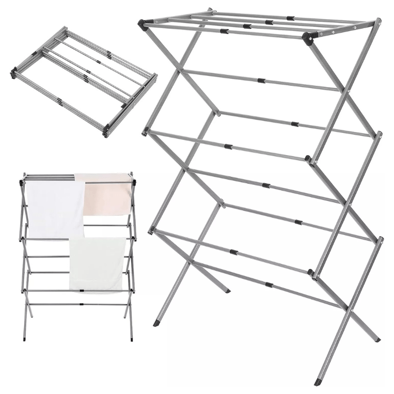 Extendable 3 Tier Airer Small Foldable Expandable Airers Adjustable Length Clothes Drying Laundry Rail Indoor or Outdoor Drying Racks Horse Airer Space Saving Design, Grey