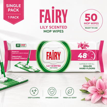 Fairy Power Lily Flower Scented Floor Cleaning Towels – 50 Mop-Compatible Disposable Wipes, Suitable for All Surfaces, Dermatologically Tested, Streak-Free Clean
