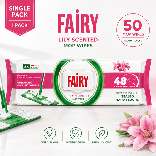 Fairy Power Lily Flower Scented Floor Cleaning Towels – 50 Mop-Compatible Disposable Wipes, Suitable for All Surfaces, Dermatologically Tested, Streak-Free Clean