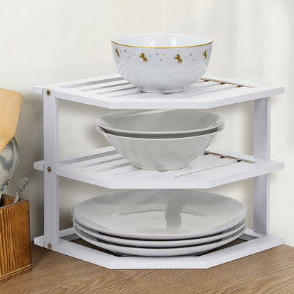 Bamboo Cabinet Shelf Organiser - 3 Tier Corner Shelf for Kitchen & Bathroom Countertop Cabinet Organiser Plate Rack Tidy Cupboard Shelf Insert Storage Organisation