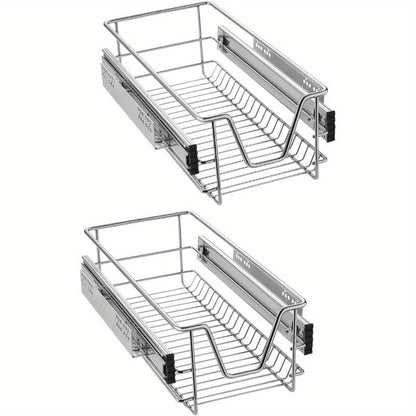Slide-Out Wire Storage Baskets - Set of 2 or 4, Chrome Organiser Drawers for Kitchen Cabinets, Pantry & Bathroom (Fits Base Units)