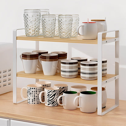 Multi-Tier Storage Rack, Mug Shelves for Desks, Black/White/Natural Wooden and Metal Countertop Organizer Shelf, Display Rack, Perfect for Dormitories Home Office Kitchen Bathroom