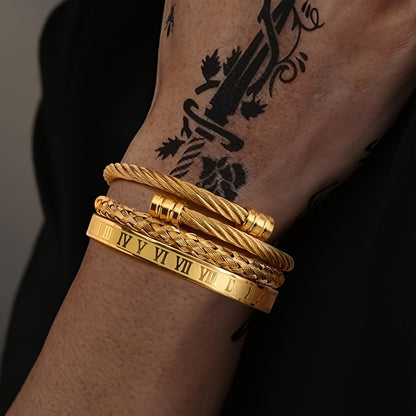 3pcs of Retro Classic Fashion 304 304 Stainless Steel Open Roman Pattern, Woven Bangle bangle bracelet Set Is Suitable for Daily Wear, Holiday Boyfriend