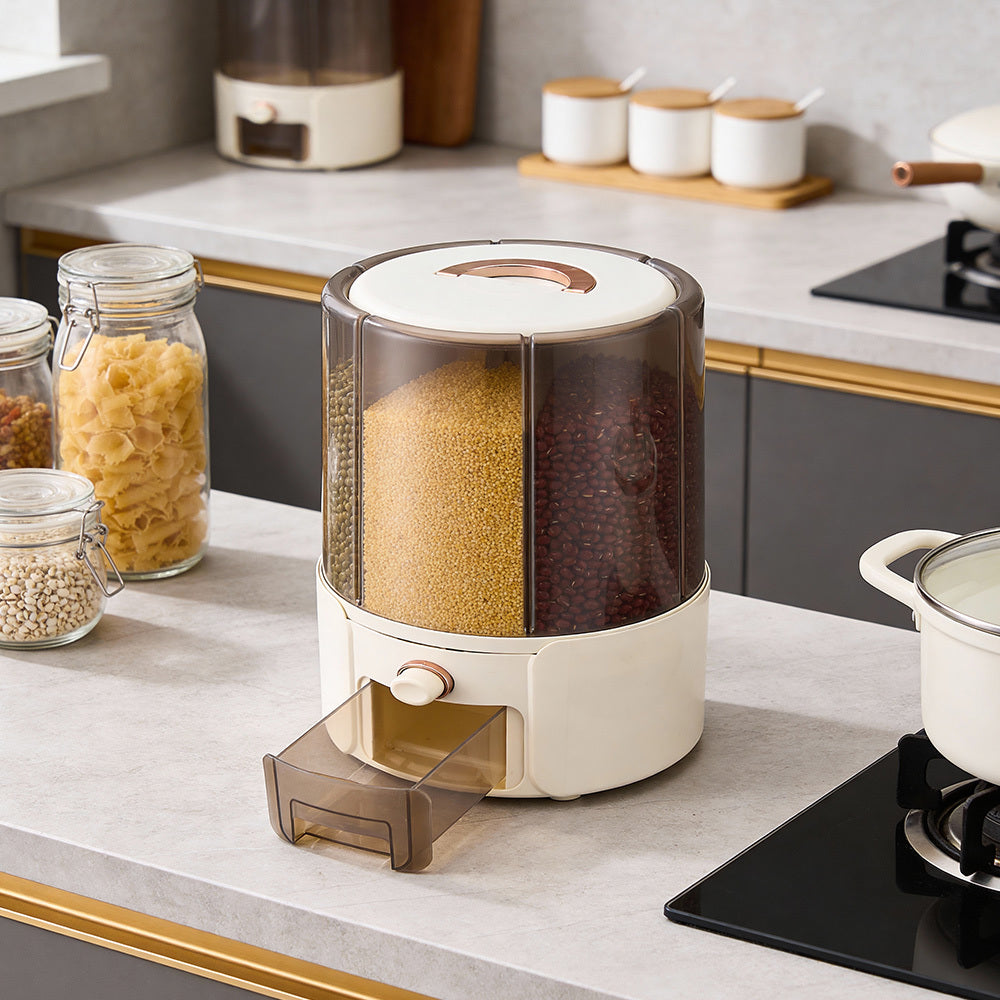 Transparent Grain Storage Containers, 6 Grid 360 ° Rotating Kitchen Rice Bucket, Rotating Dry Food Dispenser, Rotating Food Storage Dispenser, Space Saving, Cream Yellow