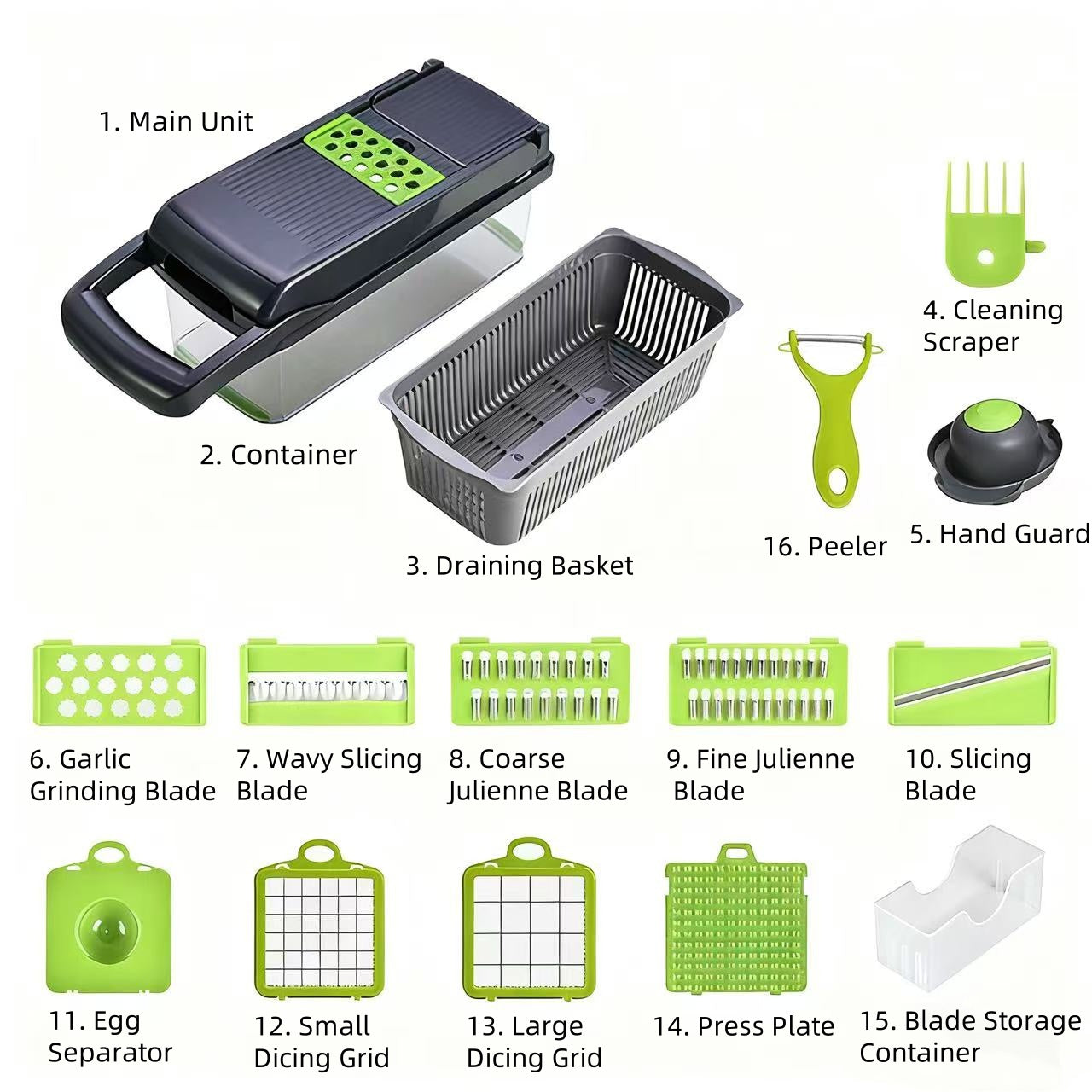 A Multifunctional 16-In-1 Food Chopper, Including a Vegetable Chopper, Onion Chopper, Vegetable Slicer, Dicer, And More, Equipped with 8 Blades, a Strainer Basket, And Containers for Salad, Potatoes, Carrots, And Garlic, Along with a Drainage Basket