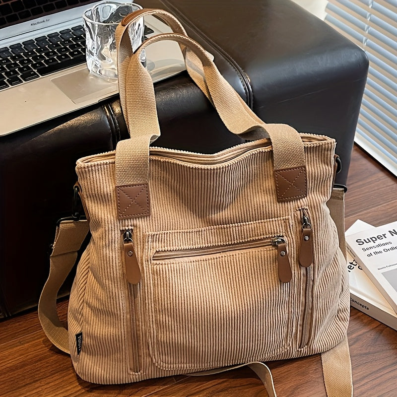 Corduroy Tote Bag Women Large Capacity – Adjustable Shoulder Strap, Multi-Pocket Crossbody Handbag for Work, Shopping & Daily Commute | Beige Vintage Style