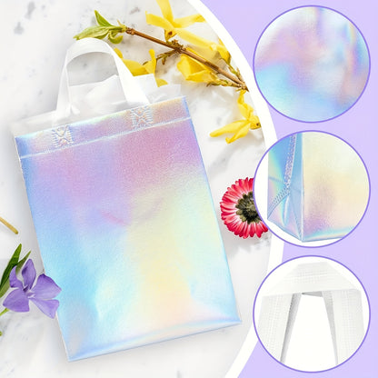 Gift For Her/Him Set of 15 Shimmering Holographic Bags Featuring Handles - Medium-Sized Tote Bags Ideal for Birthdays, Celebrations, Weddings, And Christmas - Vibrant Rainbow Sparkle Pattern, Sturdy Non-Woven Fabric