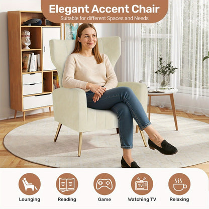 Velvet Armchair Wing Chair with Cushion & Pillow | Golden Metal Legs Padded Ergonomic Seat | Lounge Reading Reception Chair | Grey Beige Black | Living Room Bedroom Office