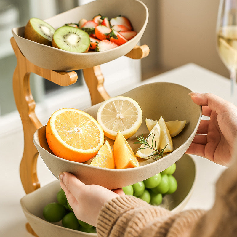 Wooden 3-Tier Fruit and Vegetable Basket with Wooden Legs - Versatile Kitchen Organizer for Fruits, Vegetables, and Iced Food - Perfect for Refrigerator Storage, Fruit Basket for Kitchen