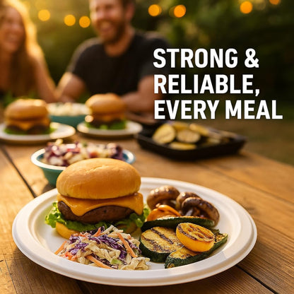 Strong Disposable Paper Plates 9" Bagasse Heavy-Duty Disposable Plates for PartiesMicrowave-Safe Party Plates,Dinner Plates for Hot & Cold Food Restaurants Takeaway Dessert Snack Tableware