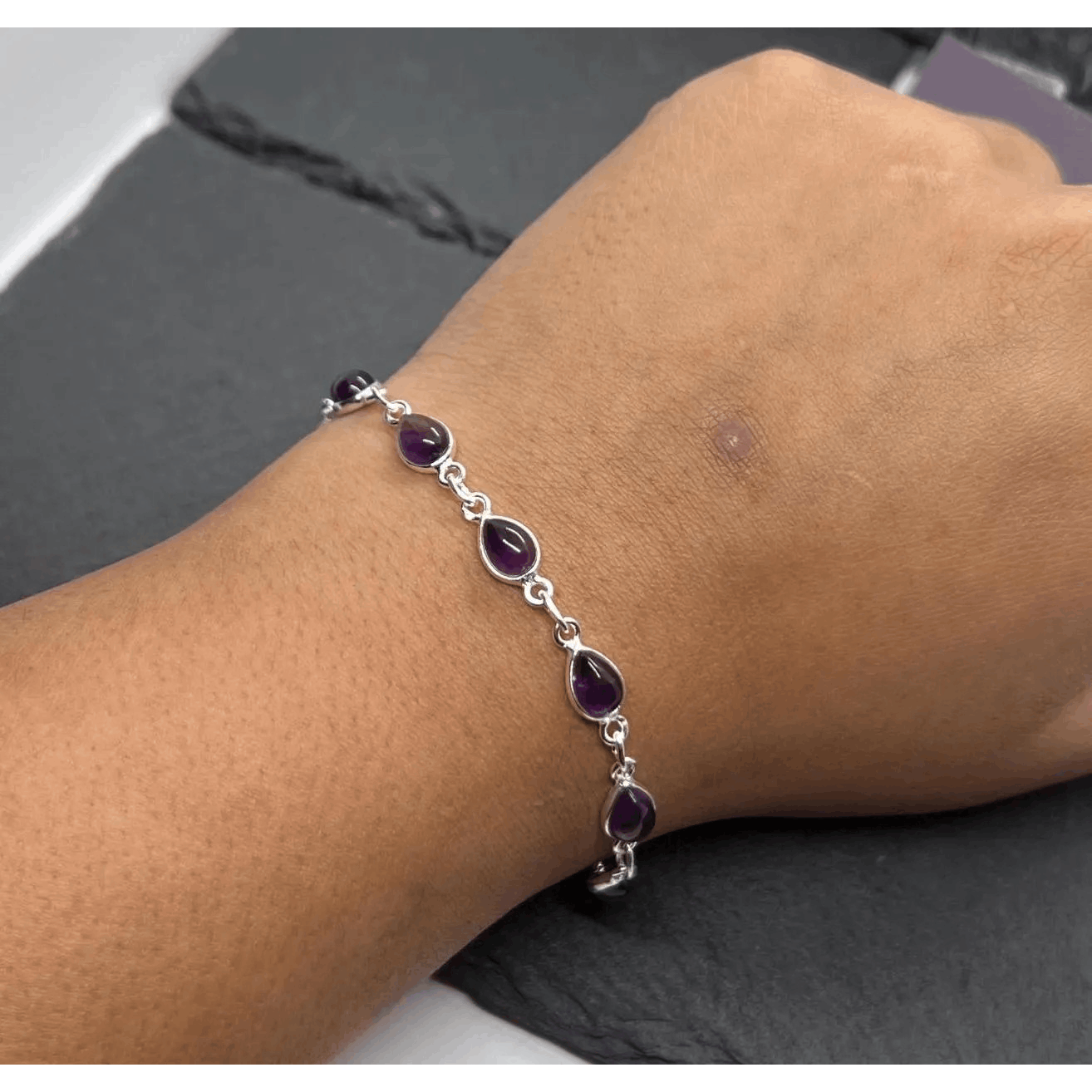 925 Sterling Silver Natural Gemstone Adjustable Bracelet ~ Teardrop Link Bracelet ~ Simple Elegant Jewelry