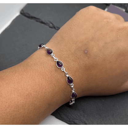 925 Sterling Silver Natural Gemstone Adjustable Bracelet ~ Teardrop Link Bracelet ~ Simple Elegant Jewelry