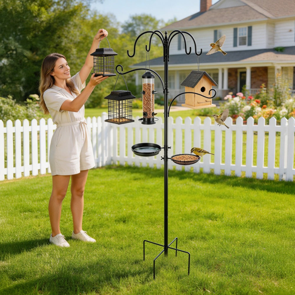 Bird Feeders Hanging Station Heavy Duty Free Standing Bird Feeding Pole with 5-Prong Ground Base 6 Hooks 2 Dishes Included for Outdoor Garden Wild Bird Feeder Stand & Shepherds Hooks