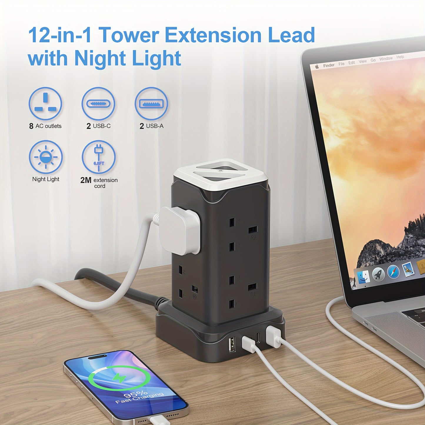 Upgraded New Product Tower Extension with USB Slots 3.02m, 20W Fast Charger with Night Light, (13A 3250W)5 USB Ports & 8 Way, Surge Protected Extension with 4 Independent Switch, Extension Cable for Home Office for Business for Factory