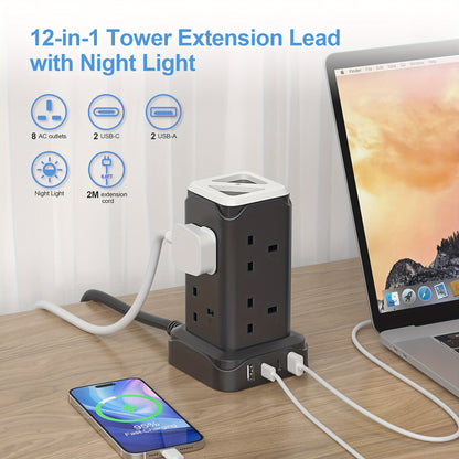 Upgraded New Product Tower Extension with USB Slots 3.02m, 20W Fast Charger with Night Light, (13A 3250W)5 USB Ports & 8 Way, Surge Protected Extension with 4 Independent Switch, Extension Cable for Home Office for Business for Factory