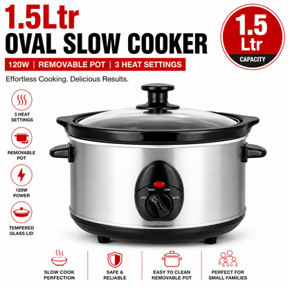 1.5Ltr Oval Slow Cooker 120W Removable Pot, 3 Heat Settings, Tempered Glass Lid, Compact Family Size Cooker - 3 Heat Settings - Removable - Power & Temp Indicator Light - Toughened Glass Lid - Cool Touch