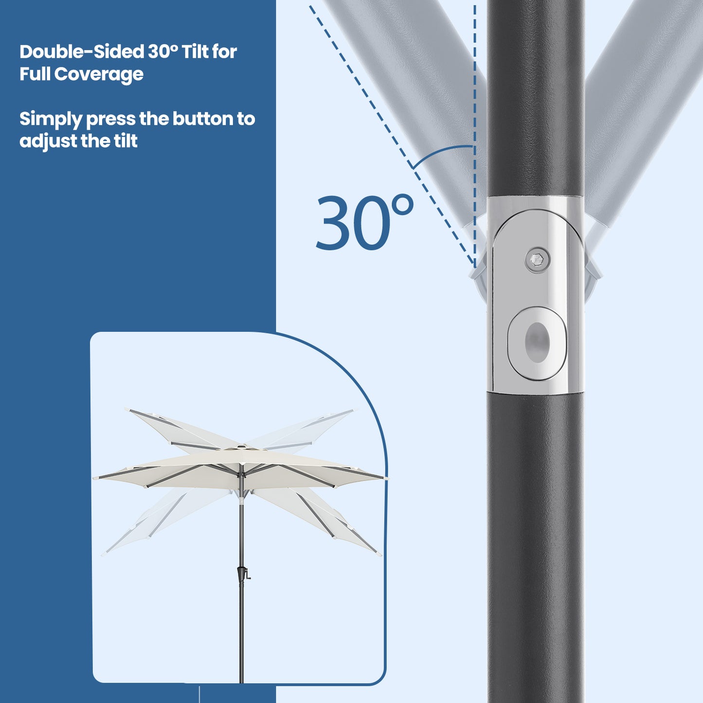 3 m Garden Parasol Umbrella, UPF 50+, Sun Shade, 30° Tilt in 2 Directions, 180 g/m²，Crank Handle for Opening and Closing, for Outdoor Gardens Pool Balcony Patio, Base Not Included, Beige,Grey