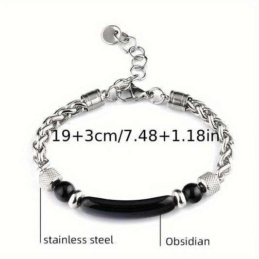 1pc Beaded Flower Basket Chain Bracelet Natural Stone Black Agate Tiger Eye Arc Beaded Bracelet (Slight Cracks in Natural Stone Are Normal) Holiday Gift for Family And Friends Christmas Halloween, Men'S Gift, Men'S Christmas Gift
