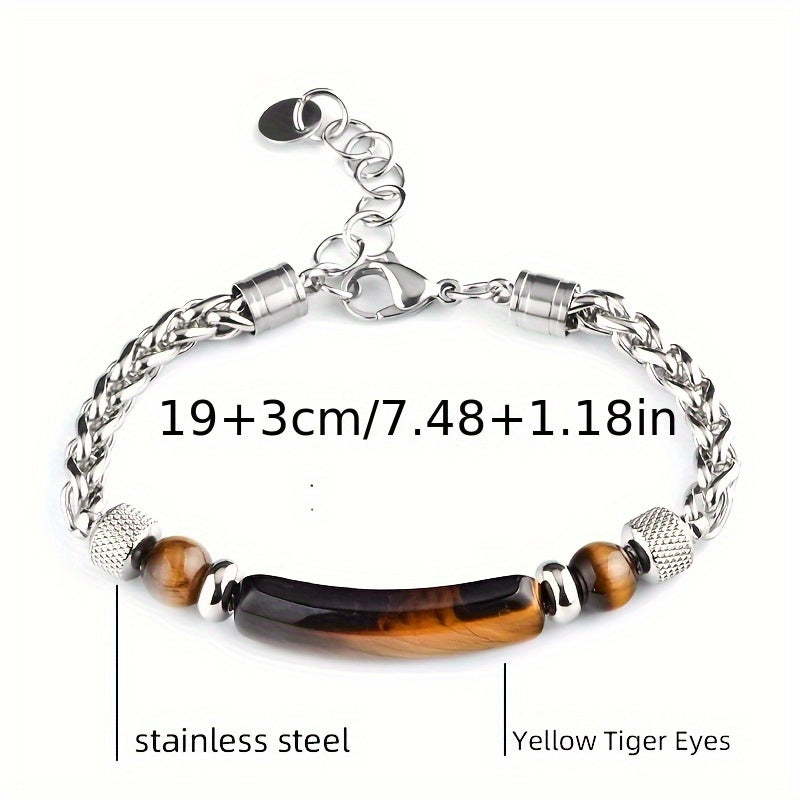 1pc Beaded Flower Basket Chain Bracelet Natural Stone Black Agate Tiger Eye Arc Beaded Bracelet (Slight Cracks in Natural Stone Are Normal) Holiday Gift for Family And Friends Christmas Halloween, Men'S Gift, Men'S Christmas Gift