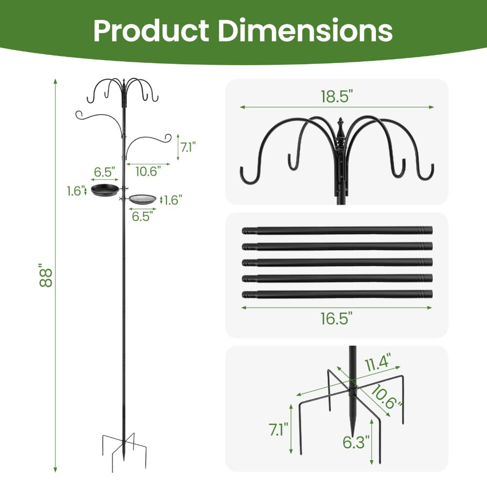 Bird Feeding Station 226cm 6-Hook All-in-One Kit – Heavy Duty Metal Pole with 5-Prong Base, Mesh Tray & 2 Dishes | Free Standing Wild Bird Feeder Stand with Shepherd Hooks for Garden & Patio