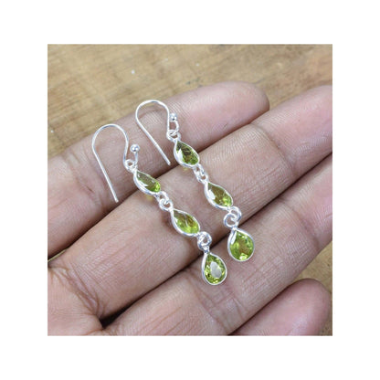 925 Sterling Silver Natural Gemstone 3 stone long Earring, Bezel Set Birthstone Ring, Perfect gift