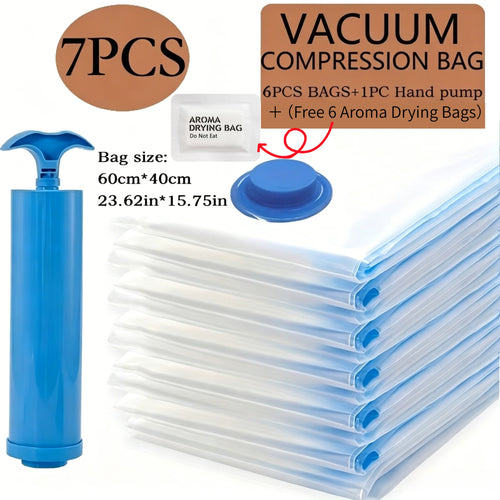 7pcs Extra Large Vacuum Storage Bag Set (40x60cm with 1 Manual Pump) - Space Saving, Sealed Compression, Dustproof and Moistureproof, Suitable for Clothes and Bedding, Ideal for Dorms, Wardrobes, and Moving, Includes 6 Free Drying Bags