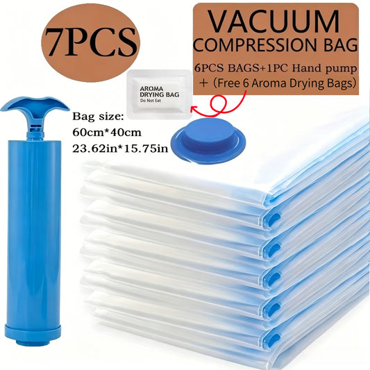 7pcs Extra Large Vacuum Storage Bag Set (40x60cm with 1 Manual Pump) - Space Saving, Sealed Compression, Dustproof and Moistureproof, Suitable for Clothes and Bedding, Ideal for Dorms, Wardrobes, and Moving, Includes 6 Free Drying Bags