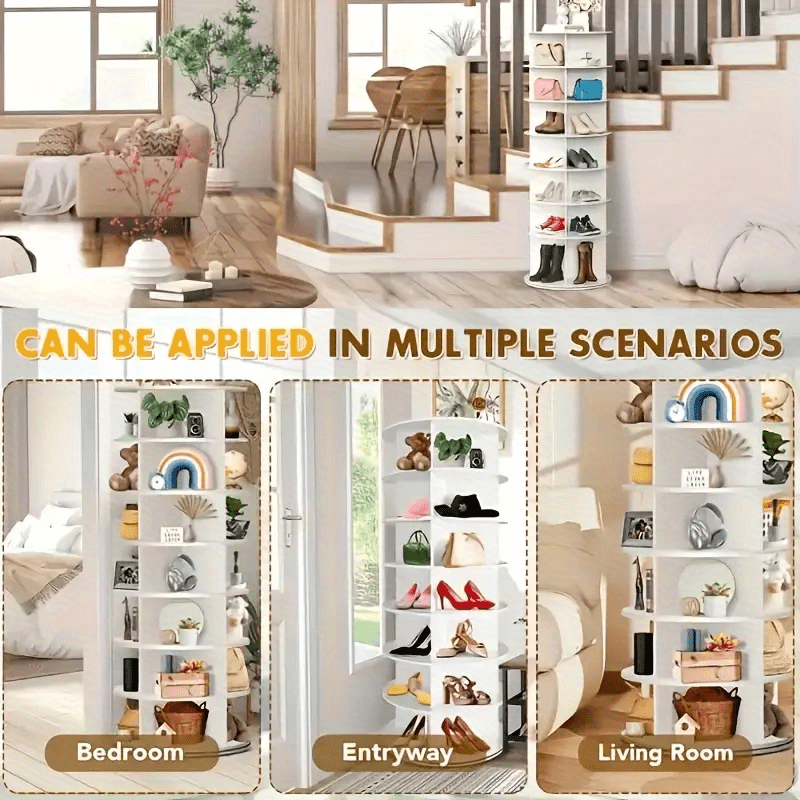 Space- Saving Rotating Shoe Rack Tower, 7- Tier Spinning Shoe Rack, Free Standing 360° Revolving Shoe Organizer for Entryway, Living Room, and Dorm - Modern Minimalist Design in White, Fits 28 Pairs Of Shoes, Entryway Storage, Compact Furniture, Easy Asse