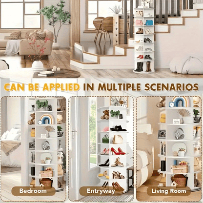 Space- Saving Rotating Shoe Rack Tower, 7- Tier Spinning Shoe Rack, Free Standing 360° Revolving Shoe Organizer for Entryway, Living Room, and Dorm - Modern Minimalist Design in White, Fits 28 Pairs Of Shoes, Entryway Storage, Compact Furniture, Easy Asse