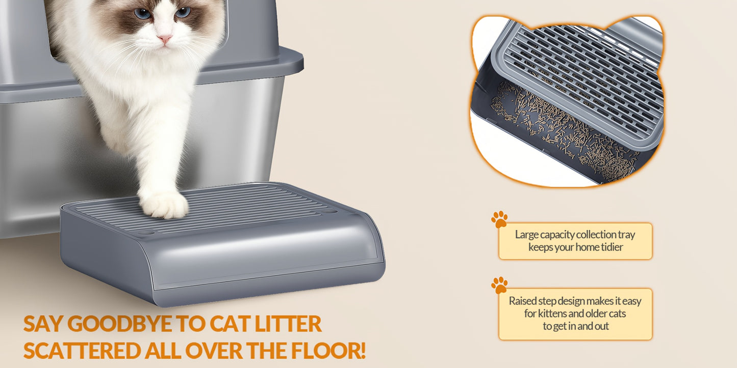 Stainless Steel Litter Tray with Lid, Enclosed Litter Box, Hinged Lid for Easy Cleaning, Includes Pedal And Scoop, Modular Design, 61L X 41W X 40H Cm, Light Grey