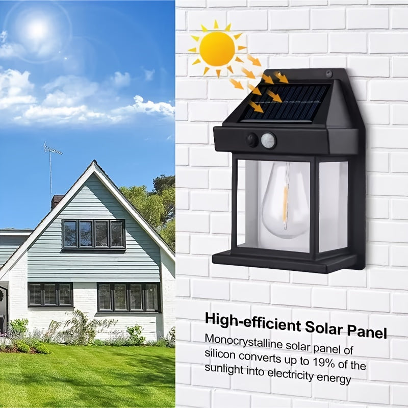 New Style Solar Filament Wall Lamp, 3 Modes, Motion Sensor Outdoor Light, Perfect for Festival Gifts, Weddings, Yard Decorations, Bars, 3500 Lumens, Salons, And Store Displays, Villa Garden Yard IP65 Decorative Sensing Lanterns