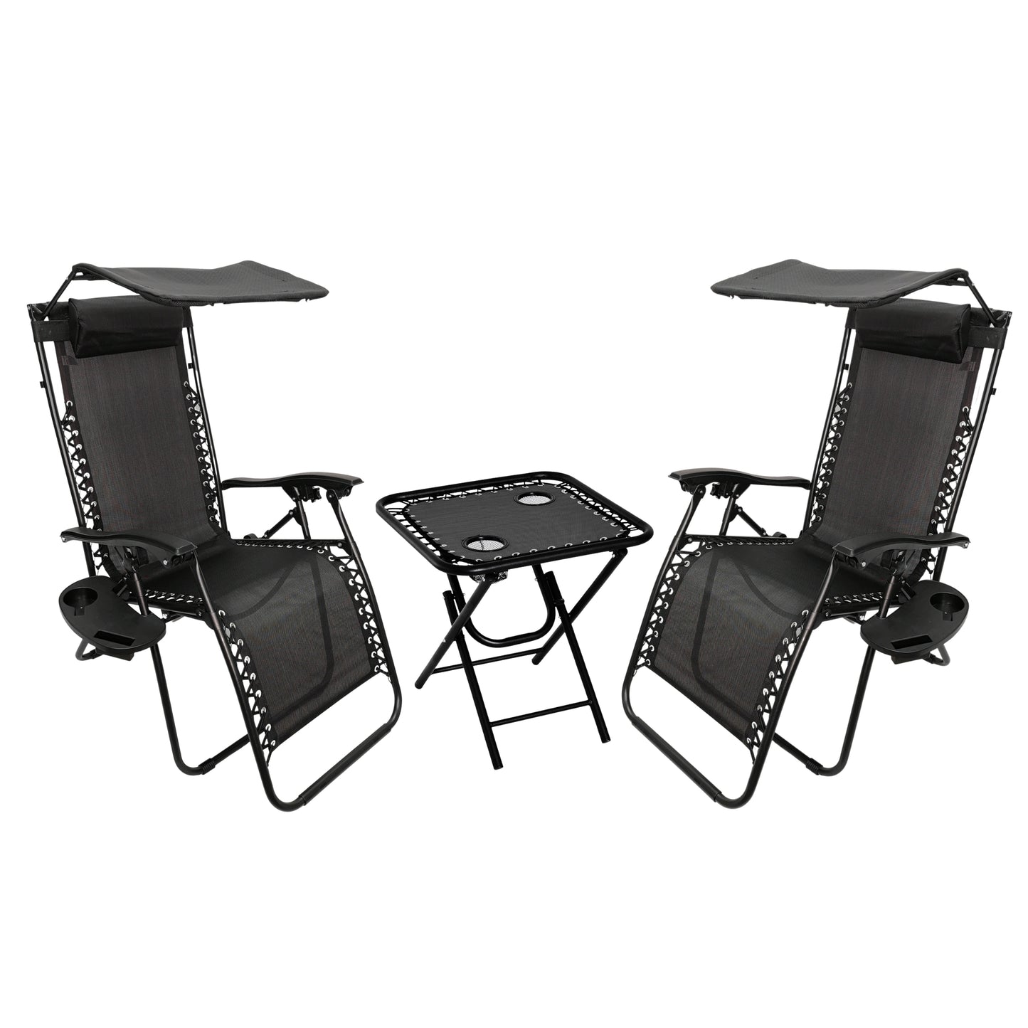 Garden Mile 3pcs Zero Gravity Sun Lounger Set with Table - 2 Folding Reclining Chairs with Canopy Shade, Cup Holder & Phone Tray, Adjustable Headrest, Portable Garden, Patio, Beach Chairs - Black