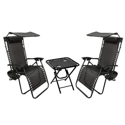Garden Mile 3pcs Zero Gravity Sun Lounger Set with Table - 2 Folding Reclining Chairs with Canopy Shade, Cup Holder & Phone Tray, Adjustable Headrest, Portable Garden, Patio, Beach Chairs - Black