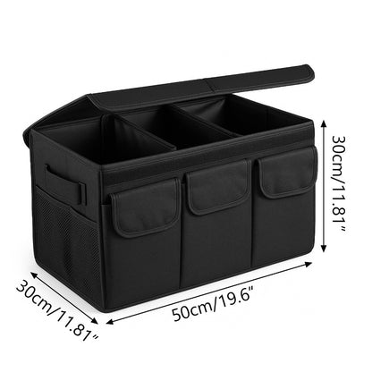Car Boot Organiser with Lid Foldable Collapsible Storage Box 50x30cm Thickened Base Accessory Compartments Luggage Sorting Bin for Cars SUVs & Vans Black