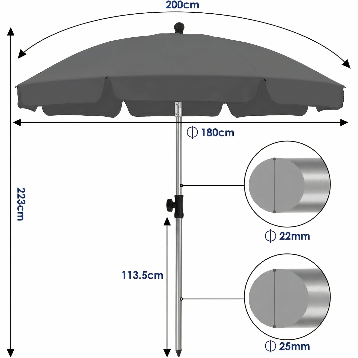 2 X 2m Parasol, Market Umbrella, Round Garden Umbrella, 8 Steel Braces, Base Not Included, Patio Umbrella for Garden, Balcony And Patio, Grey/ Beige/ Blue/ Orange